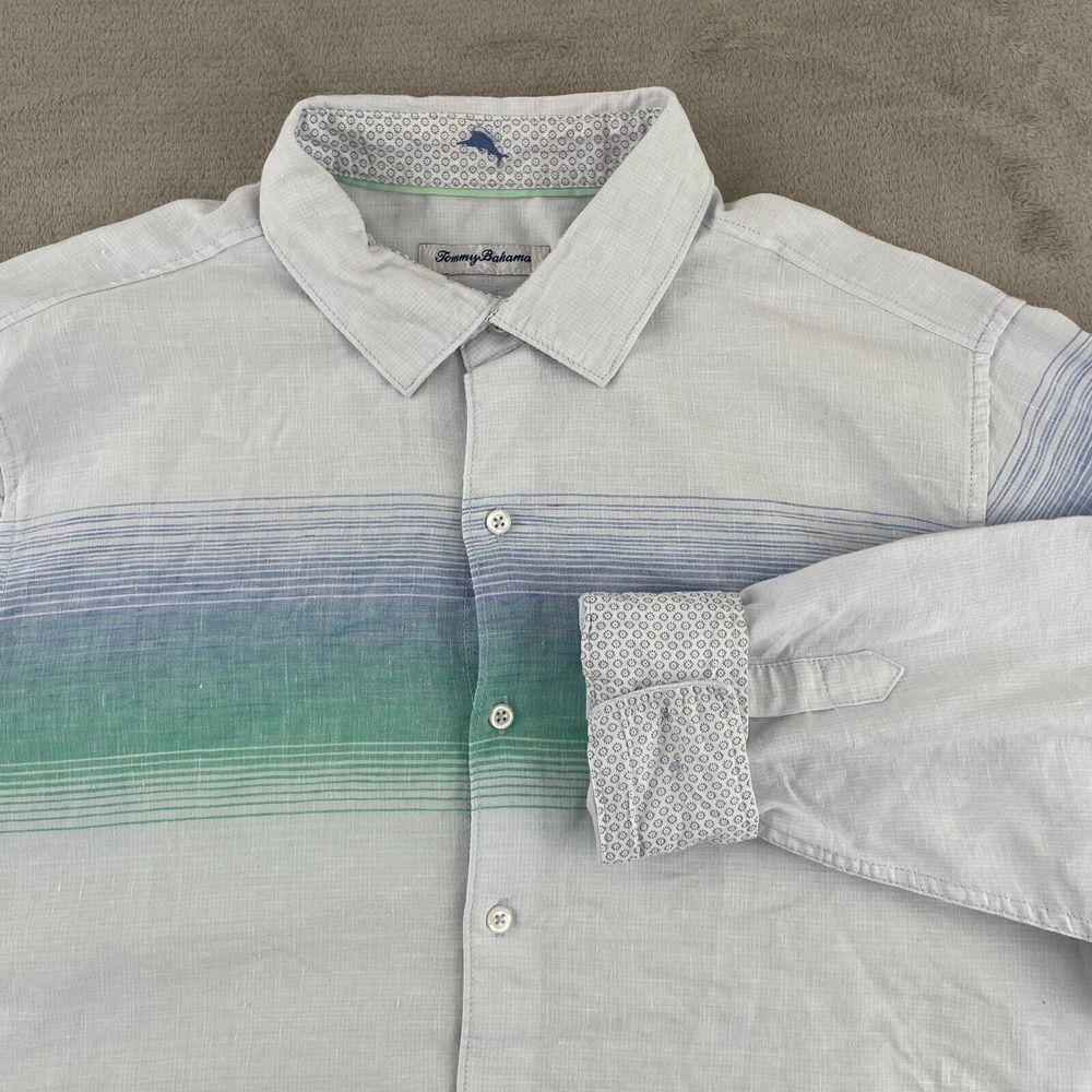 Tommy Bahama Shirt‎ Men Large Blue Striped Linen Blend Long Sleeve Beach NWOT
